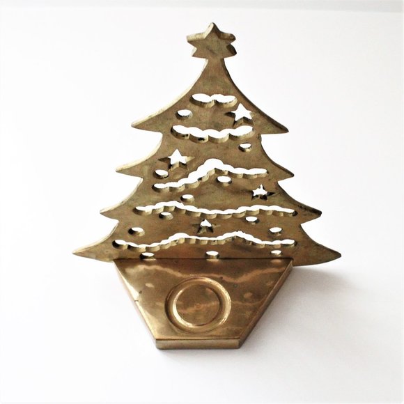Brass Christmas Tree Votive Candle Holder Patina Cut Out Patina XMAS Holiday - Picture 2 of 11